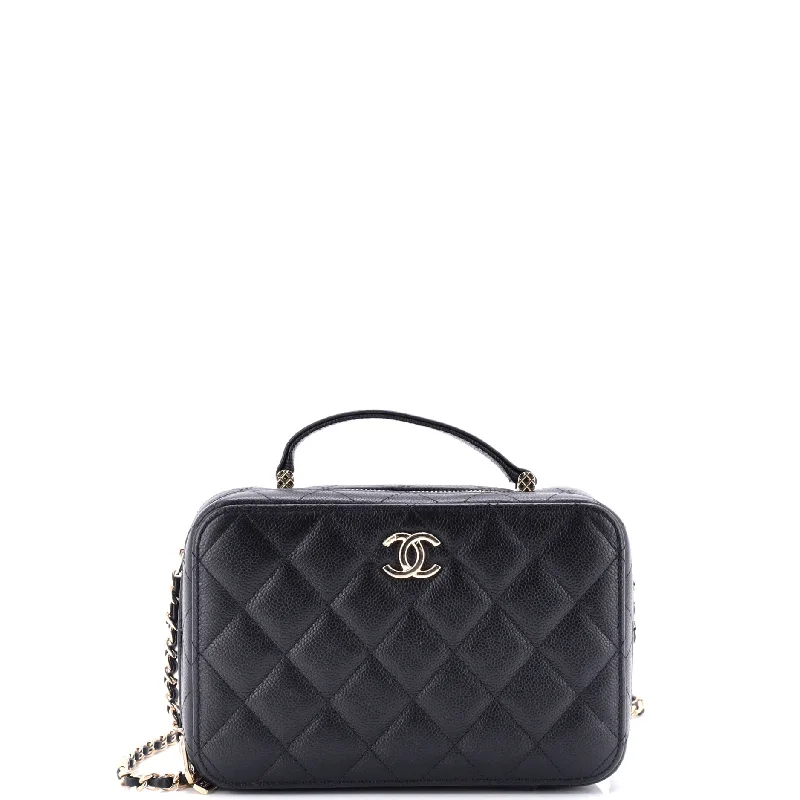 CC Zip Around Top Handle Vanity Case with Chain Quilted Caviar Small