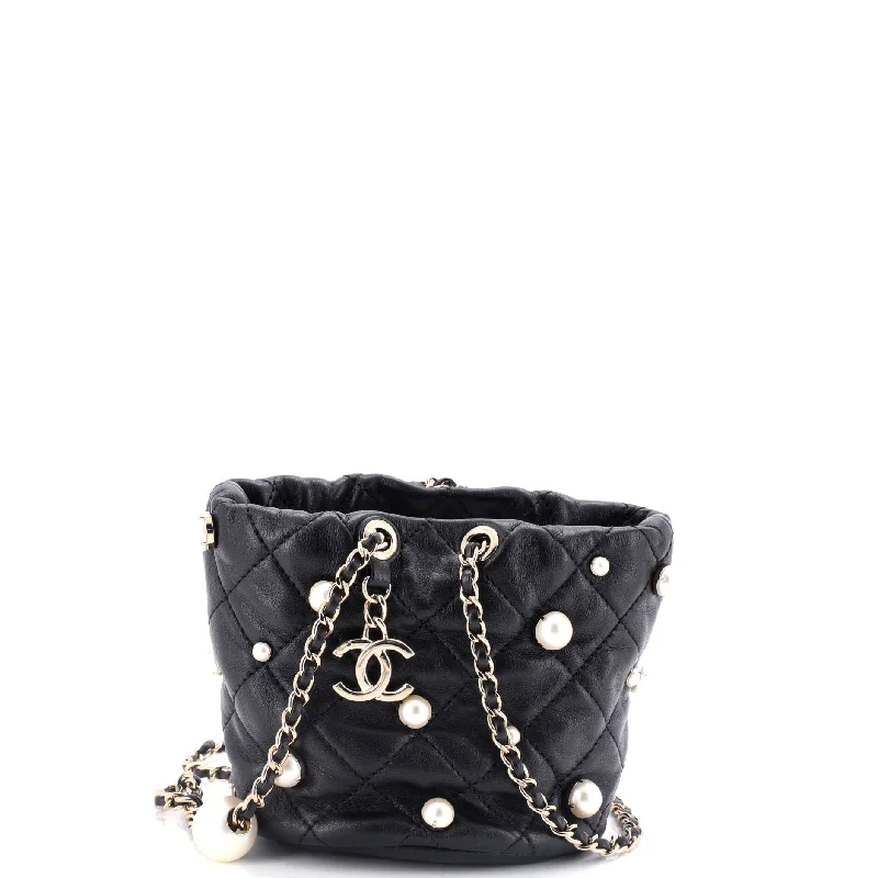 Drawstring Round Bucket Bag Pearl Embellished Quilted Lambskin Mini