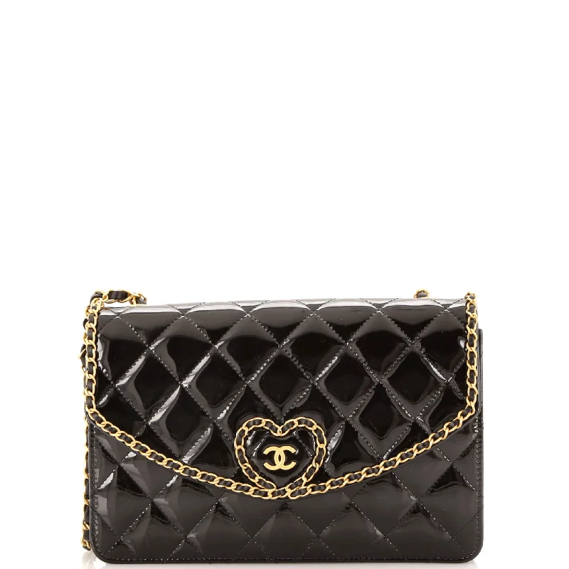 Heart Chain Flap Bag Quilted Patent Small