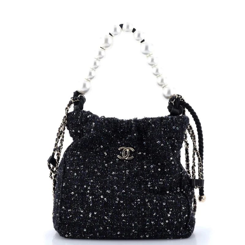 Pearl Drawstring Bag Sequin Embellished Tweed