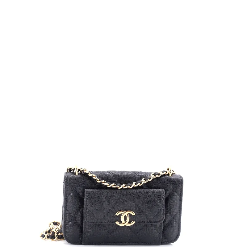 Pocket Twins Clutch with Chain Quilted Caviar